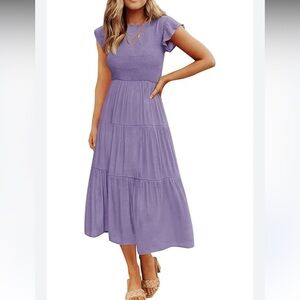Women's Flutter Short Sleeve Smocked Midi Dress Summer Casual Tiered A-Line